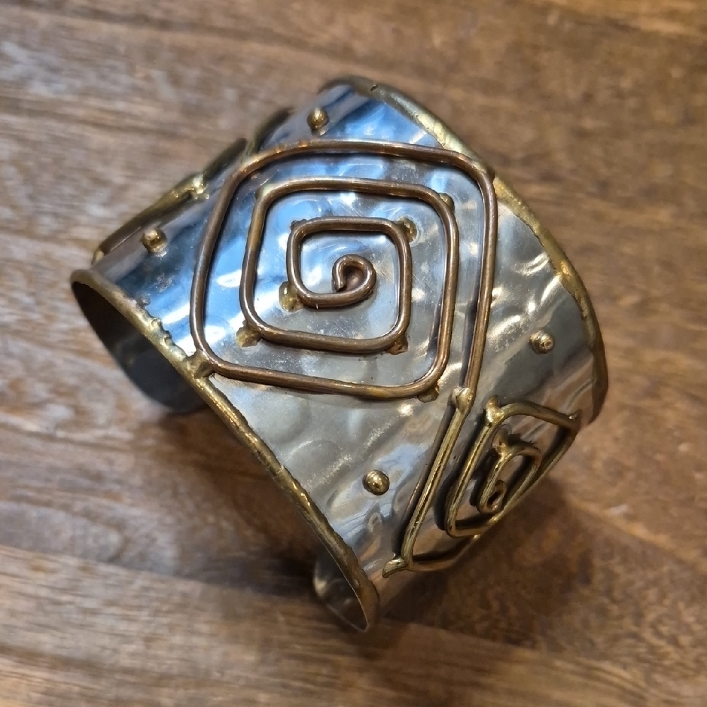 Hammered Non-magnetic Ornate Detail Silver & Goldish Bronze Tone Cuff Bracelet